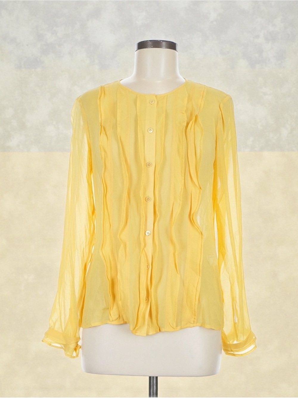Helios & Luna 100% Silk Yellow Ruffle Bib Button Front Blouse Size 6